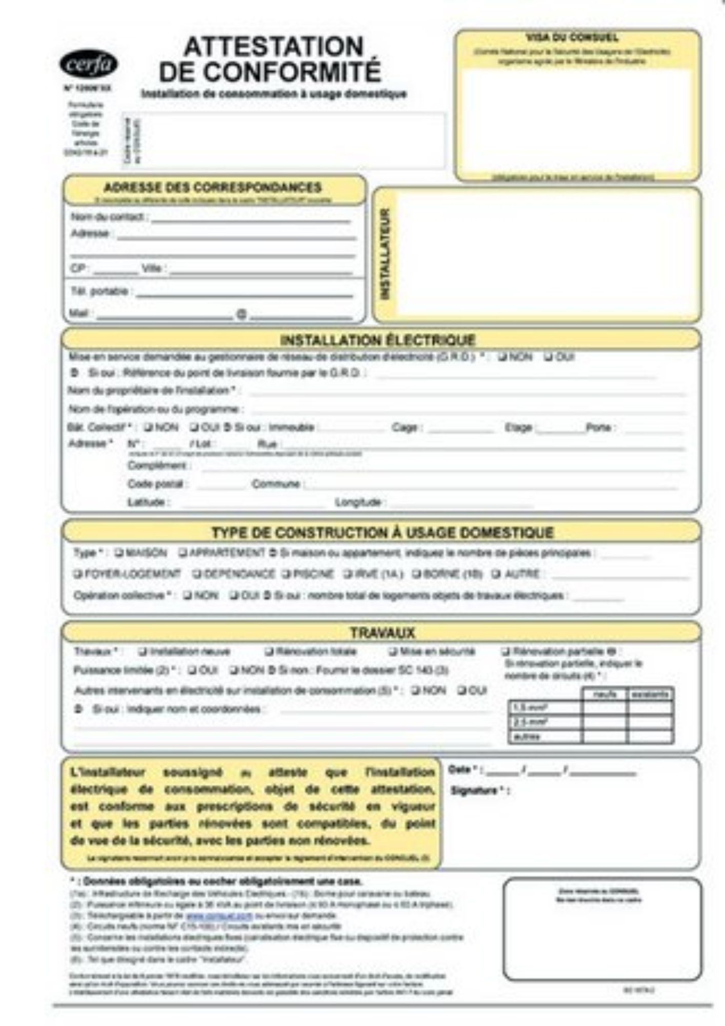 Un formulaire d'attestation de conformité jaune pour une demande de Consuel